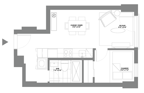 a floor plan of a small apartment with a living room and a dining room